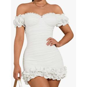 WDIRARA Women's Off Shoulder Puff Sleeve Ruffle Bodycon Dress Cocktail Party Mini Dress S WDIRARA Women's Off Shoulder Puff Sleeve Ruffle Bodycon Dress Cocktail Party Mini Dress S