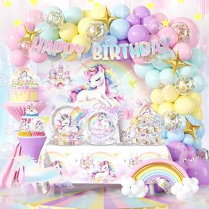289 Pcs Unicorn Birthday Decorations, Worry-Free One-Stop Set Serves 25 Guests, with Laser Banner, Backdrop, Thick Plates and Cake Stand, Easy Setup for Unicorn Party Decorations
