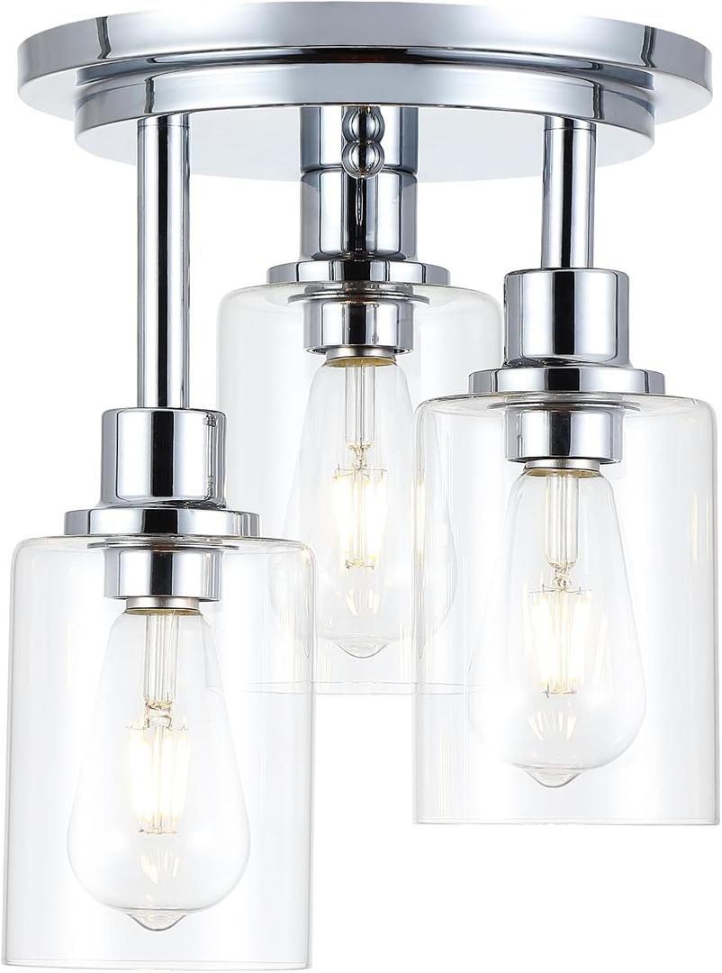 Chrome Semi Flush Mount Ceiling Light, Modern 3-Light Glass Ceiling Light Fixture, 11.2'' Ceiling Lamp for Kitchen, Bedroom, Hallway, Entryway