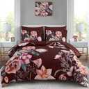 Luxudecor Burgundy Floral Comforter Set Queen Size 7 Piece, Flower Bed in a Bag, Elegant Floral Comforter with Sheet Set, Soft Microfiber Bedding Set for All Season (Burgundy, 90"x90")