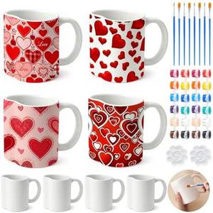 LOYIM Set of 3 Galentines Crafts for Adult Valentines Day Ceramic to Paint Color Your Own Heart Shaped Mugs DIY Painting Kit with Paints, Brushes, Palette for Valentines Couple Activity Art Decoration