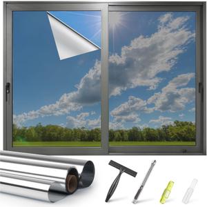 Kromapolis One Way Window Privacy Film Reflective Mirror Home Window Tint, Daytime Privacy Heat Control Anti UV Glass Tinting Static Cling (Silver, 23.6 x 157.4 inch), 23.6In x 157.4In