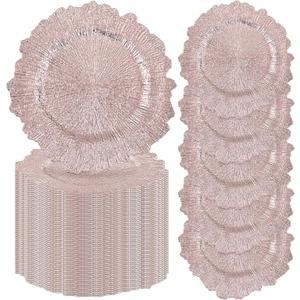 fani 100 Pcs Rose Gold Charger Plates Bulk, 13 Inch Reef Wedding Chargers for Dinner Plate, Round Plastic Reusable Ruffled Rim Decorative for Table Setting, Parties, Wedding, Events