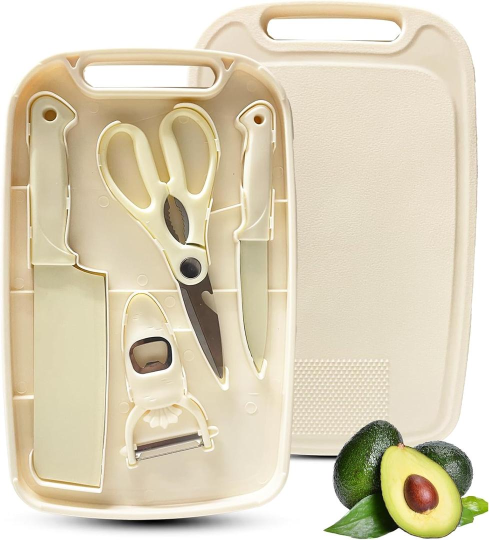 Cutting Board and Knife Set, 5 In1 Travel Cutting Boards And Knife Travel Cutting Board Kitchen Scissors and Peeler For Kitchen (Beige)