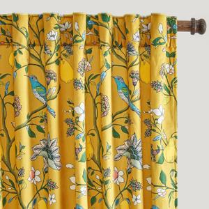 Mustard Yellow Luxury Velvet Floral Curtains 90 inches for Living Room,Vintage Victorian Botanical Blackout Curtain Drapes,2 Panels Mid Century Art Deco Bird Flower Window Curtains for Bedroom