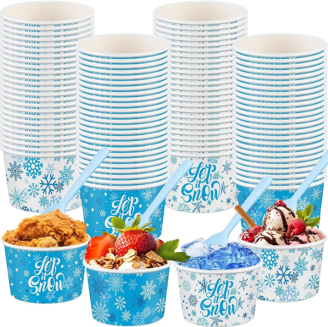 100 Pcs Blue Snowflake Soup Bowls with Spoons 9 oz Winter Disposable Ice Cream Cups Let It Snow Paper Treat Snack Dessert Soup Bowls for Hot or Cold Food Holiday Party Favor Supplies