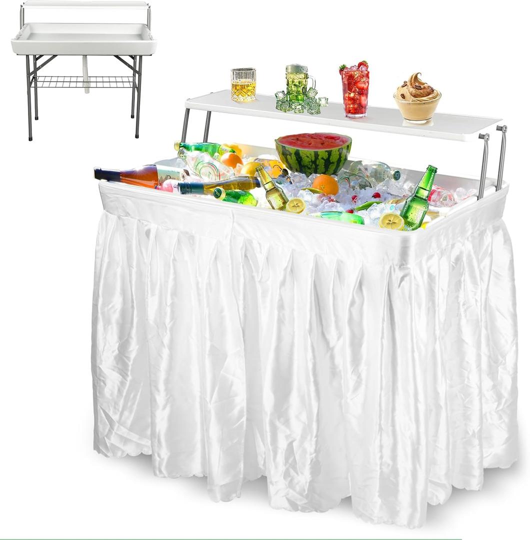 4 Ft Folding Party Ice Cooler Table with Extra Storage Shelf, Two-Tier Ice Bin Table with Skirt&Drain for Food Drinks Beverages, Chilling Tables Cooler Server for Party, Picnic, Camping, Wedding, BBQ