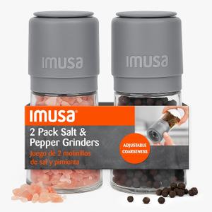 IMUSA Salt and Pepper Grinder Set  2-Pack Manual Salt Grinder & Pepper Mill with Adjustable Ceramic Grinder for Coarse to Fine Spices, 4oz, Refillable Glass Base, Easy-Grip Salt & Pepper Set (Gray)