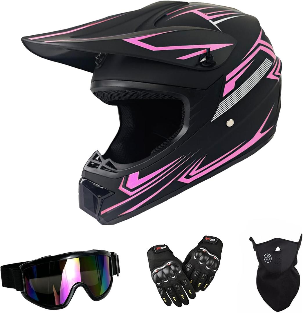 Youth Motorcycle HelmetsGoggles Gloves Face Shield 4PCS Set, Unisex Dirt Bike Helmets Full Face Off-Road Helmets, Mountain Bike Motocross Helmets, DOT Approved, Small, PINK, HUANYING2024513