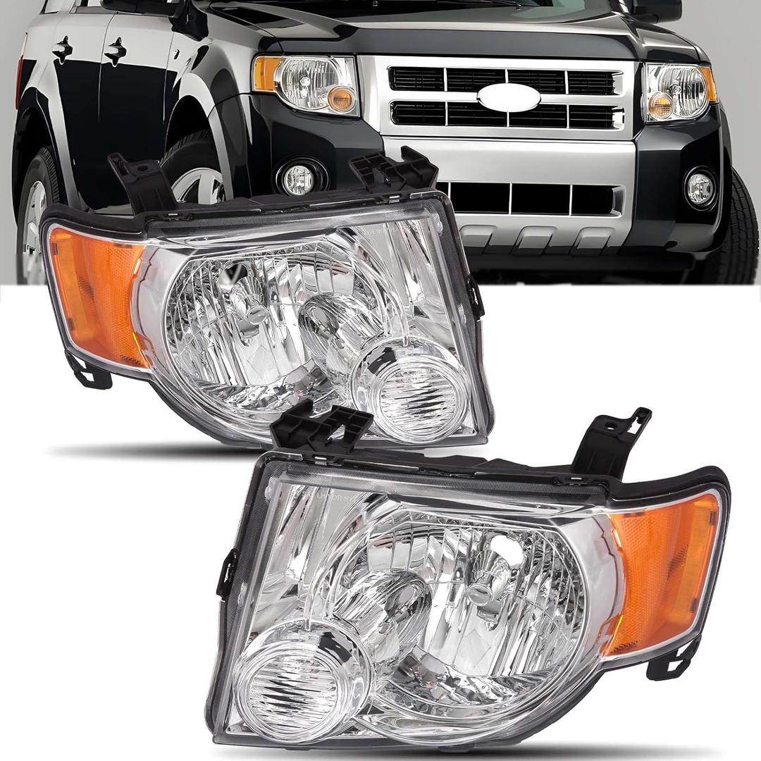 Headlights Assembly Compatible With 2008-2012 Ford Escape OE Style Factory Replacement Driver and Passenger Side, Chrome Housing 08-12 Chrome