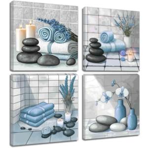 ZQQART Zen Wall Art for Bathroom Decor Zen Stone & Orchid Still Life Pictures Bath Canvas Prints Zen Meditation Room Spa Wall Decor (Blue,12.00" x 12.00" x 4)