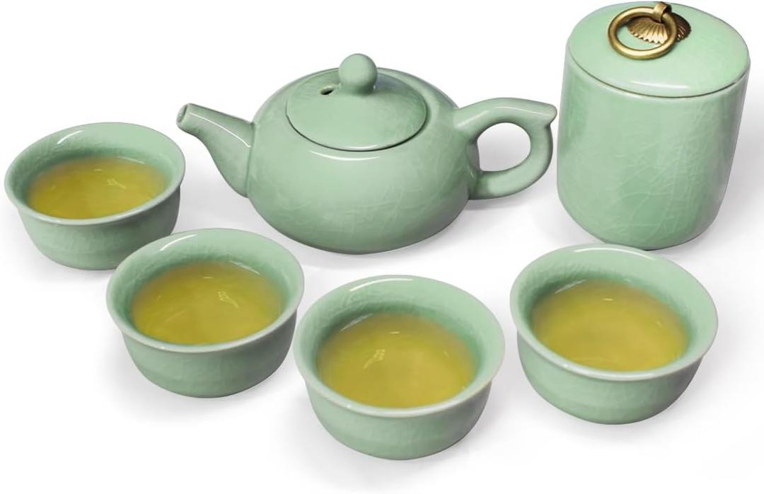 Ceramic Kungfu Tea Set - Complete Travel Tea Set with Teapot, 4 Teacups, Tea Canister, Fair Cup, Bamboo Tea Tray & Travel Bag | Portable Tea Set for Home, Office, Outdoor & Gifts (Green)