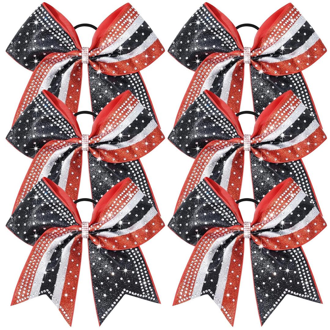 6PCS Glitter Cheer Bow Large Cheer Bows Rhinestones Hair Bows Girls 8"Cheerleading Bows Bulk Elastic Band Ponytail Holder for Teen Girls College Sports Competition