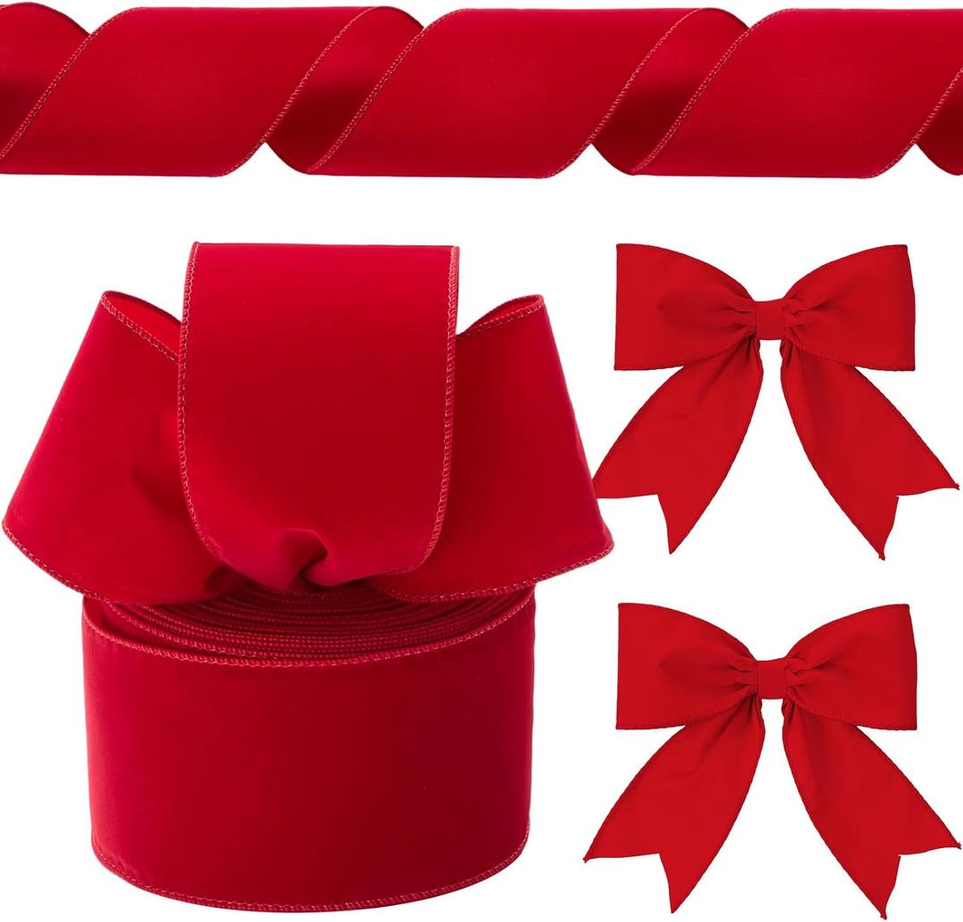 Yungyan Velvet Ribbons with Gold Edge Felt Ribbon Gift Bow Wrapping Ribbon for Handmade, Home Decor, Gift Wrapping, Wreath DIY Crafts, Christmas Tree(4 Inch X 60 Yards,Flocked Red)