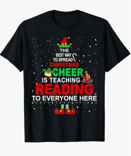 Reading Teacher Christmas Shirt - Elf Christmas Cheer T-Shirt for Men Women Grey M