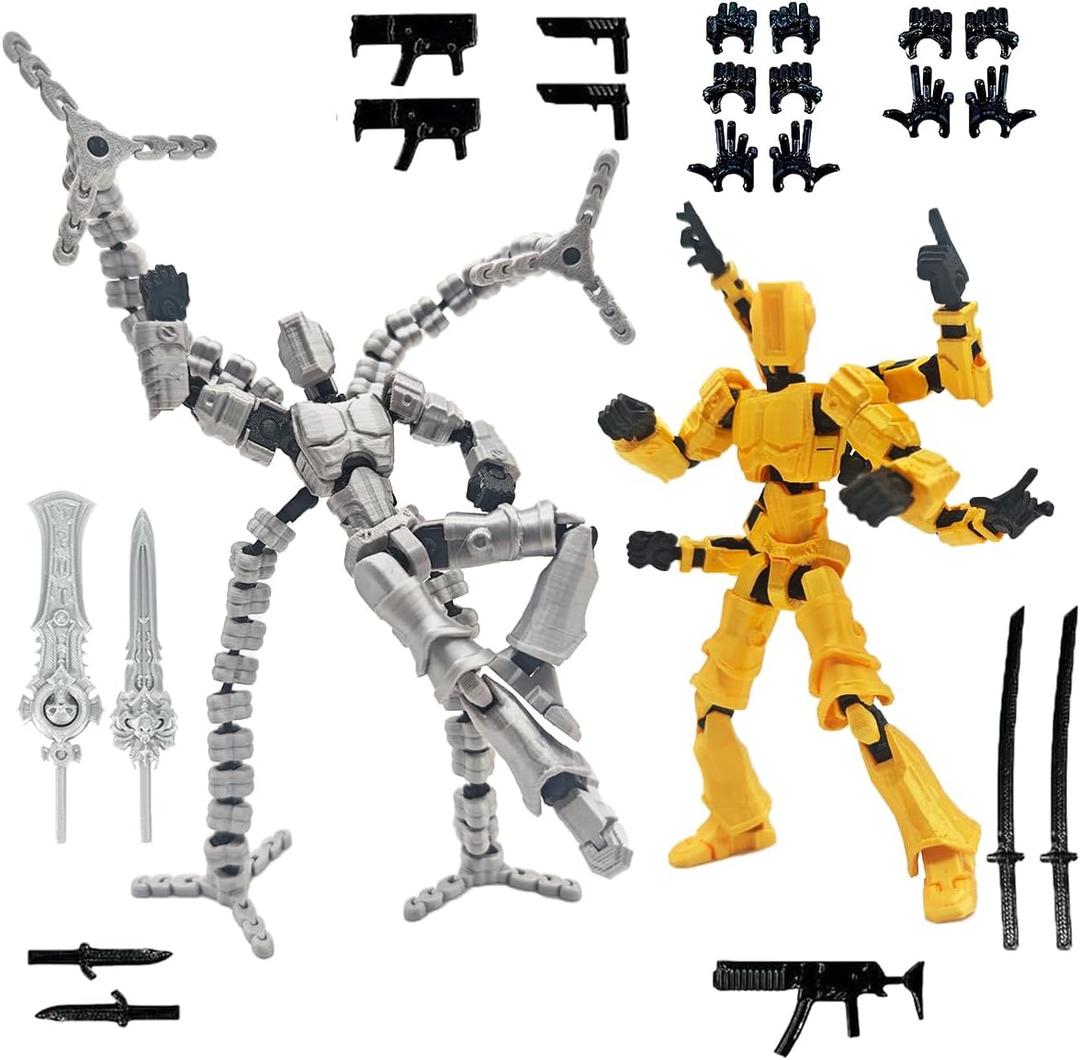 T13 3D Action Figure Set (Assembly Completed) 2 Pcs, 3D Printed Multi-Jointed, Titan 13 Action Figures, Multi-Articular Lucky Mobile Robot Nova,Desktop Decorations for Game Lovers Toys (Sliver Gold)