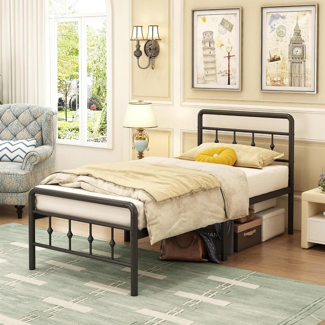 EMODA 16 Inch Twin Bed Frames with Headboard and Footboard, Heavy Duty Twin Platform Bed, Metal Slats Support Mattress Foundation, No Box Spring Needed, Easy Assembly