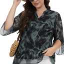 Betu Women's Plus Size Tops 3/4 Ruffle Sleeve Casual Work Mesh Blouses Printed Tunics Shirts (XXL)