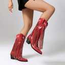 Embroidered Fringe Cowboy Boots for Women, Pull On Mid Calf Chunky Block Heel Pointed Toe Western Cowgirl Boots Riding Country Boot Retro Boots (Red)