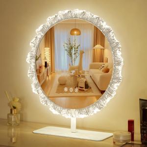 LED Lighted Makeup Mirror with Crystal Design Frame, Tabletop Vanity Mirror with Touch Control, White (18in) (18.1"L x 15.7"W)