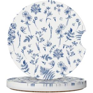 Vintage Blue Flower Car Coasters for Cup Holder Absorbent Ceramic Cup Coaster 2 Pack Anti Slip Car Interior Accessories with Finger Notch Cork Base for Women Men 2.56"