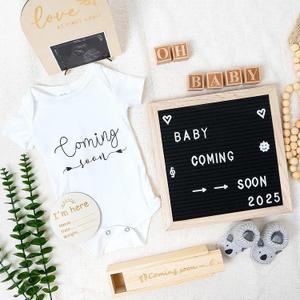 7Pcs Pregnancy Announcement Set, Pregnancy Reveal Ideas Includes Baby Bodysuit,Felt Letter Board, Ultrasound Frame,Pregnancy Test Holder,Baby Shoes & Photo Props for Coming Soon Baby Announcement