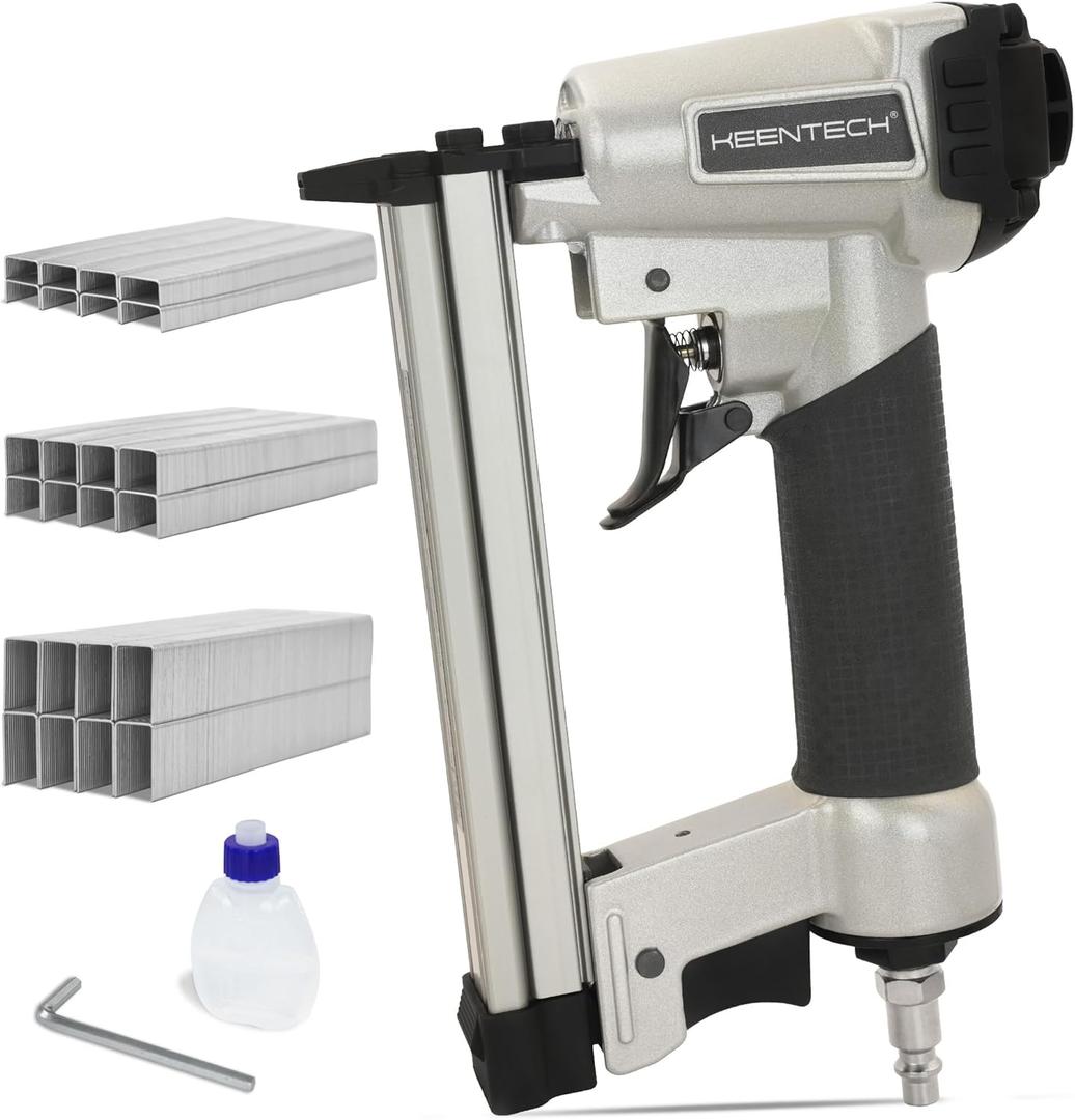 KEENTECH Pneumatic Staple Gun 22 Gauge, Air Upholstery Stapler with 3765pcs 3/8" Crown Staples 1/4"-5/8", Ready-to-Use Air Staple Gun with Staples, Safety Trigger, for Wood Furniture Fabric Leather (Silver)