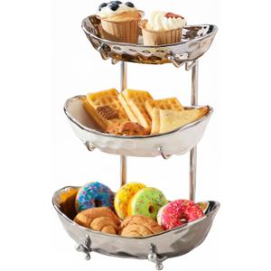 YYW 3 Tier Fruit Bowl for Kitchen Counter, White Gold Silver Ceramic Fruit Stand for Countertop, Home Fruit Rack with Metal Holder, Vegetable Snacks Nuts Bread Candy Storage (Silver)