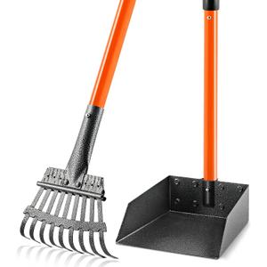 Pooper Scooper, Long Handle Dog Pooper Scooper for Medium Small Dogs Heavy Duty, Pet Supplies Stainless Metal Tray and Rake Set, Use on Grass, Dirt or Gravel