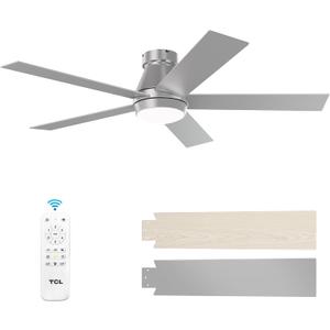 TCL 52" Ceiling Fan with Lights, Silver Flush Mount, 5 Blade Low Profile, 6 Speeds DC Reversible, Dimmable, Modern for Bedroom, Living Room and Garage