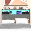 Queen Size Headboard with Drawers, Outlets & USB Ports,Sturdy Wood Bed Frame with Adjustable Height, Built-in LED Lighting (Grey, Queen 59 * 7.08 * 45.7)