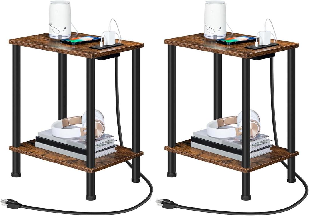 HOOBRO Side Table with Charging Station, Set of 2 End Tables with USB Port and Outlets, Nightstand with 2-Layer Storage Shelves for Small Spaces, Living Room, Bedroom, Rustic Brown