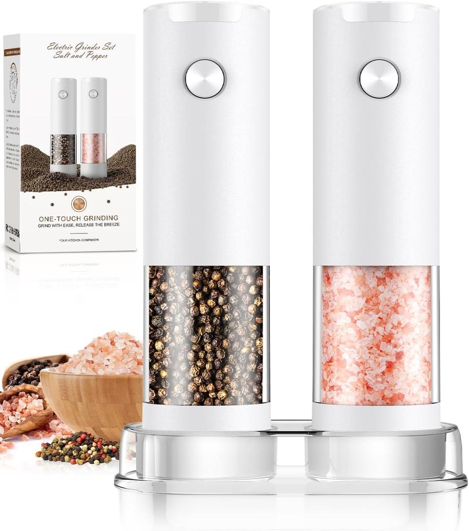 Electric Salt and Pepper Grinder Set Automatic Battery Pepper Mill Shakers Kitchen Gadgets Adjustable Coarseness Upgraded Larger Capacity with Led Birthday Gifts for Women (White/White)