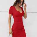 Missufe Women's Short Sleeve V Neck Ruched Bodycon Summer Casual Short T Shirt Dress (Red, M)