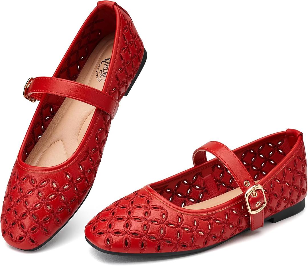 Trary Mary Jane Shoes Women, Hollow Flats for Women, Ballet Flats Shoes Round Toe Mary Jane Flats, Red Flats Shoes Dressy Comfortable Size 8