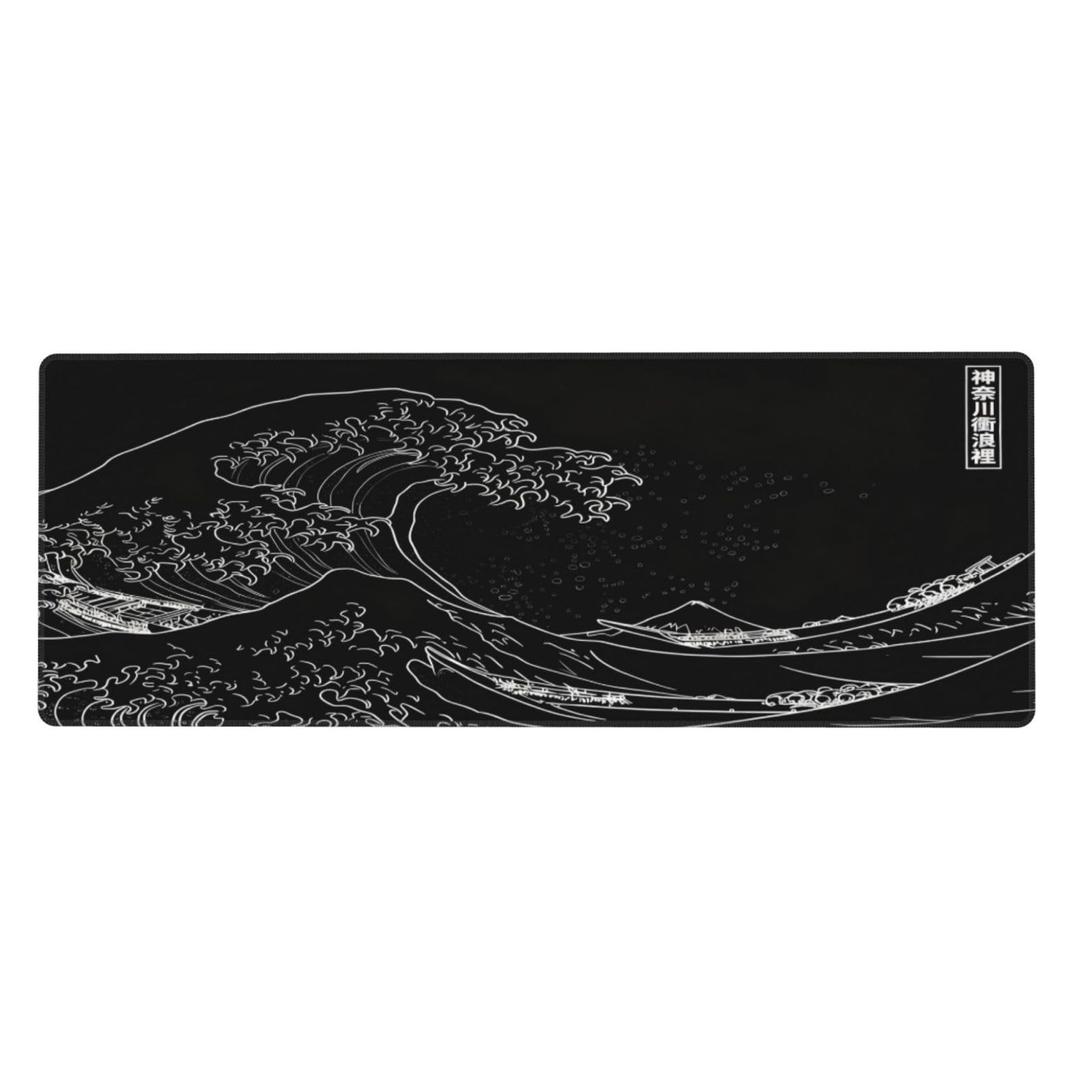 Japanese Gaming Mouse Pad Black Mouse Pad Kanagawa Large Mousepad Non-Slip Rubber Base Waterproof with Stitched Edges for Gaming Office Home, 31.5x11.8x0.12 Inch (Black Wave)