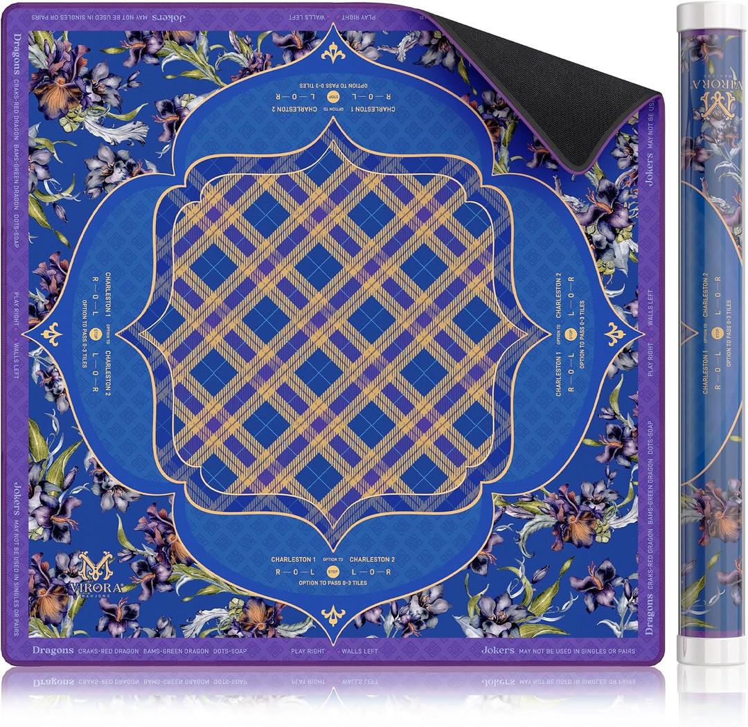 Mahjong Mat with Rules, Blue Purple American Mahjong Mat, 3MM Non-Slip Rubber Noise Reduction Mah Jongg Mat, 32.7x32.7in Rolled No Creases Waterproof Mah Jongg Table Mat for Mah Jong & Card Games