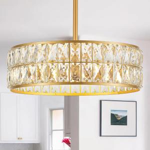 16” 4-Light Modern Crystal Chandeliers Gold Dinning Room Light Fixture, Round Pendant Light Kitchen Island Chandelier, Flush Mount Ceiling Light for Living Room Entryway Bedroom Foyer