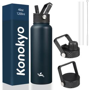 Konokyo 40oz Insulated Water Bottle Stainless Steel Sport Bottles with 3 Lids,Navy Blue