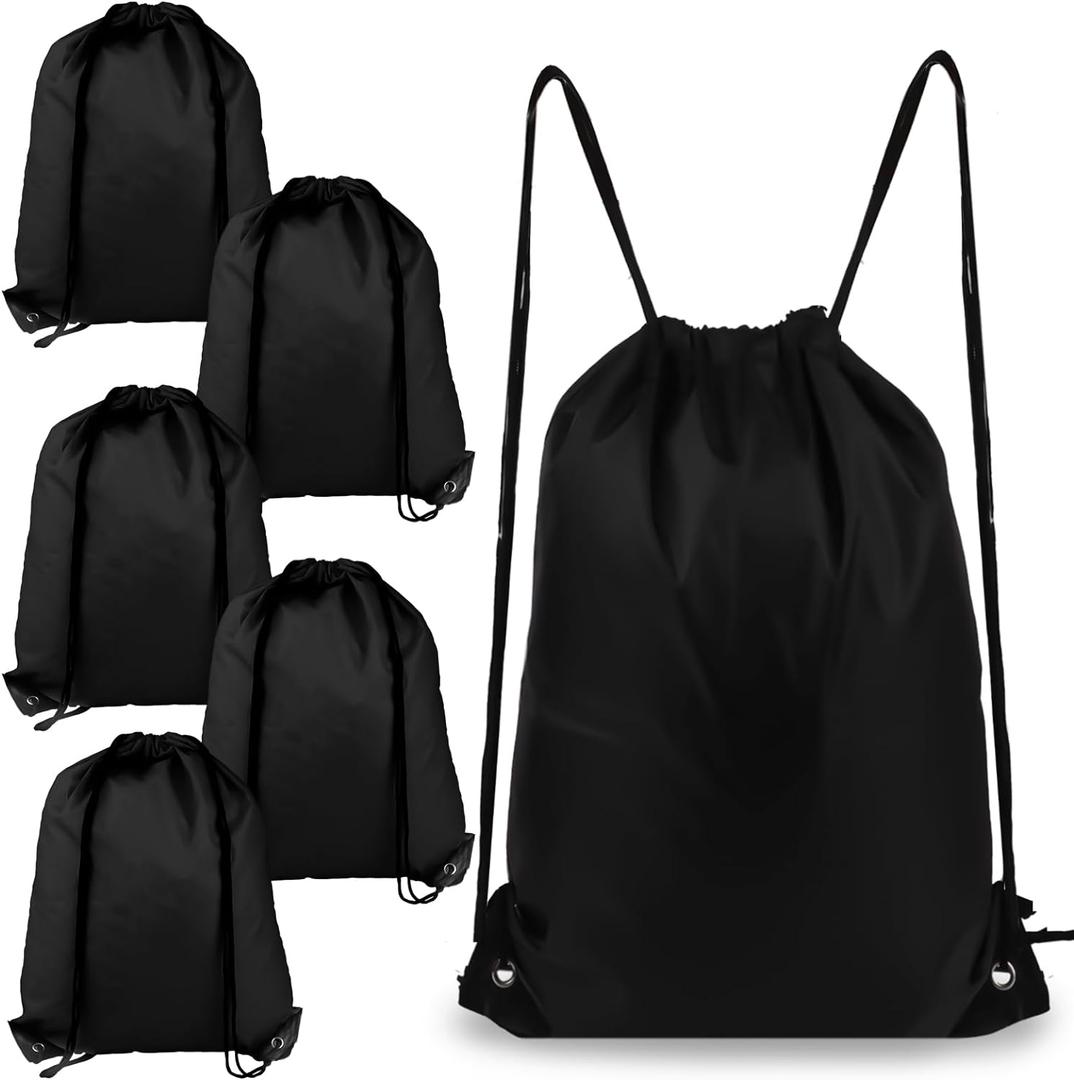 6Pcs Drawstring Backpacks, Medium, Black, Sports, Gym, Travel, Swimming, Beach (CBT6809-HSCSBB-X6)