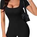Rooscier Women's Ribbed Slim Short Sleeve Square Neck Romper Bodycon One Piece Jumpsuit (Large, Black)