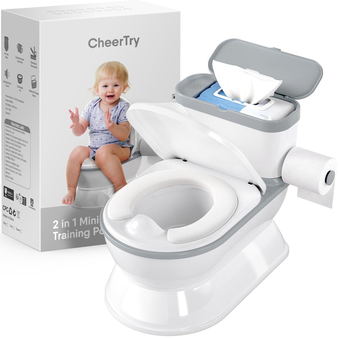 2-in-1 Toddler Potty Training Toilet - Larger Potty Chair & Detachable Training Seat for Boys & Girls Ages 1-3 with Flushing Sound, Wipes Storage, Toilet Paper Holder - Grey