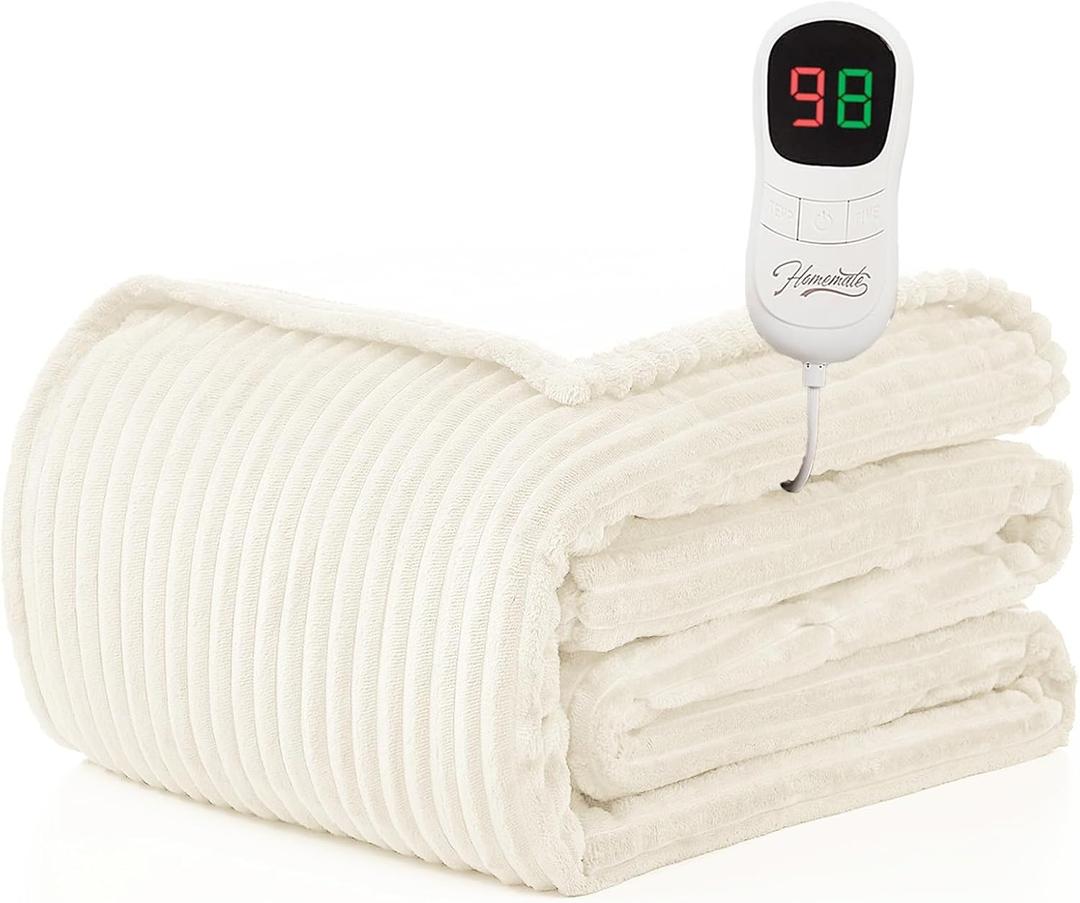 Homemate Electric Heated Blanket Full Size - 72"x84" Heating Blanket Full Size 1/2/4/6/8 Hours Auto-Off 10 Heat Level Over-Heat Protection Soft Flannel Sherpa ETL Certification (10 - Cream(striped))