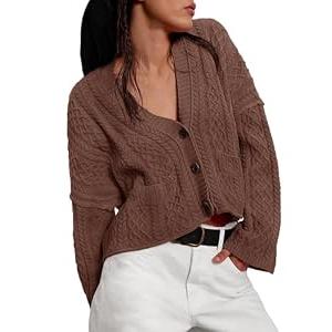 Yousify Womens Cable Knit Cardigans Fall Oversized Long Sleeve Button Open Front Casual Sweater Coats Brown