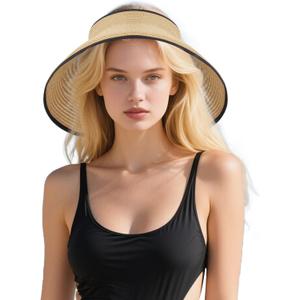 Sun Visor Hats Wide Brim for Women Ponytail Hat Straw Beach Hat Foldable UPF 50+ UV Protection (Medium, Khaki)