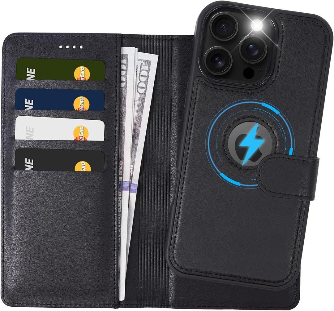 2 in 1 PU Leather for iPhone 16 Pro Max Case, Detachable Wallet Case with Card Holder, Removable Flip Folio Cover with RFID Blocking, Stand Shockproof Phone CoverCompatible with MagSafe Black