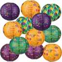 Panelee 12 Pcs Mardi Gras Party Decorations Paper Lanterns Carnival Yellow Green Purple Hanging Round Paper Lanterns 8 Inch for Mardi Gras Office Classroom Party Decorations Supplies Indoor Outdoor