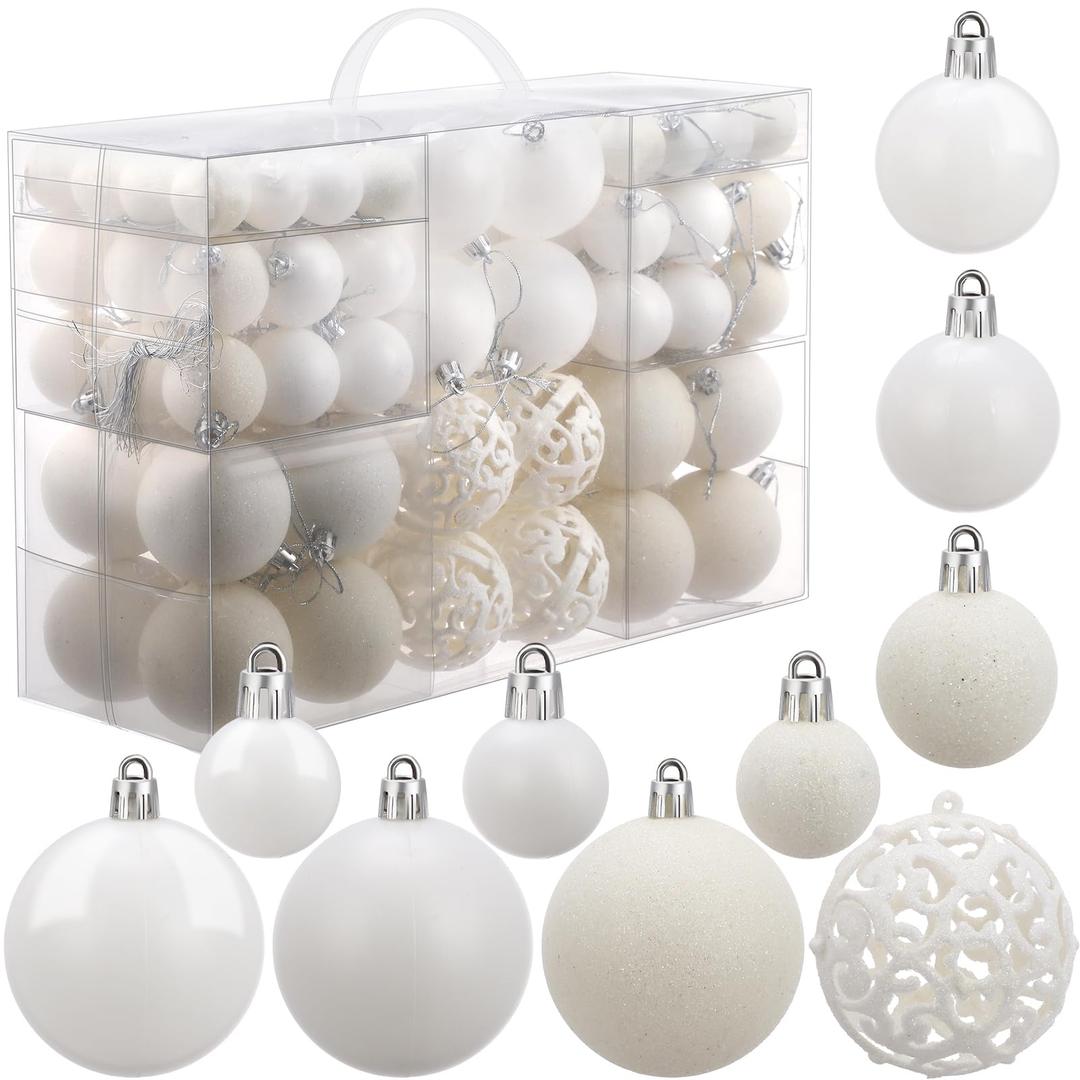 Yunsailing 100 Pcs White Christmas Ball Ornaments Decorative Hanging Baubles Set for Christmas Tree, Wedding, Anniversary & More