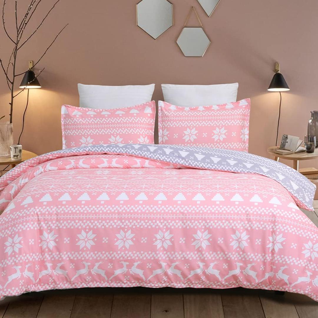 Soft Brushed Microfiber Duvet Cover Set with Zipper Closure and Corner Ties, Reversible Design for Christmas Holiday, Pink and Grey Color-Queen Size