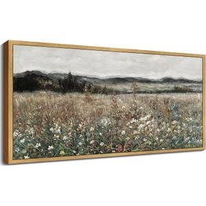 KUVIOKE Vintage Landscape Framed Wall Art 20x40in Large Meadow Sea of Flower Field Wall Prints Classic Retro Farmhouse Rustic Decorations for Living Room Bedroom (Natural Framed)